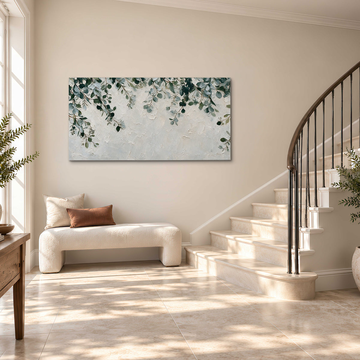Soft green eucalyptus branches on a cream background single canvas wall art styled in an interior