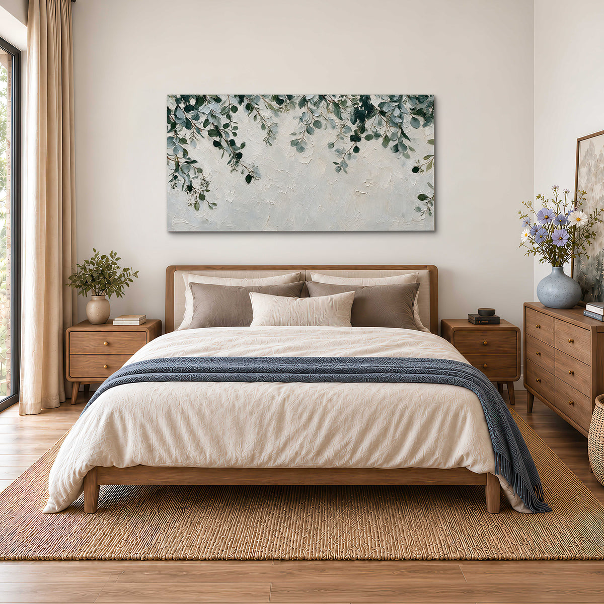 Soft green eucalyptus branches on a cream background single canvas wall art styled in an interior