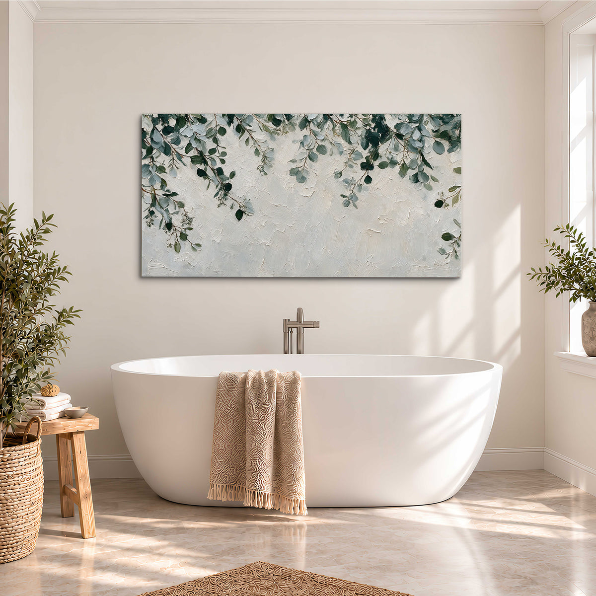 Soft green eucalyptus branches on a cream background single canvas wall art styled in an interior