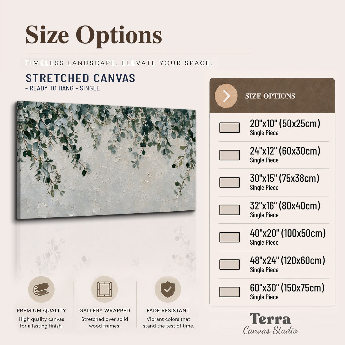 Soft green eucalyptus branches on a cream background single canvas wall art available dimensions