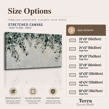 Soft green eucalyptus branches on a cream background single canvas wall art available dimensions