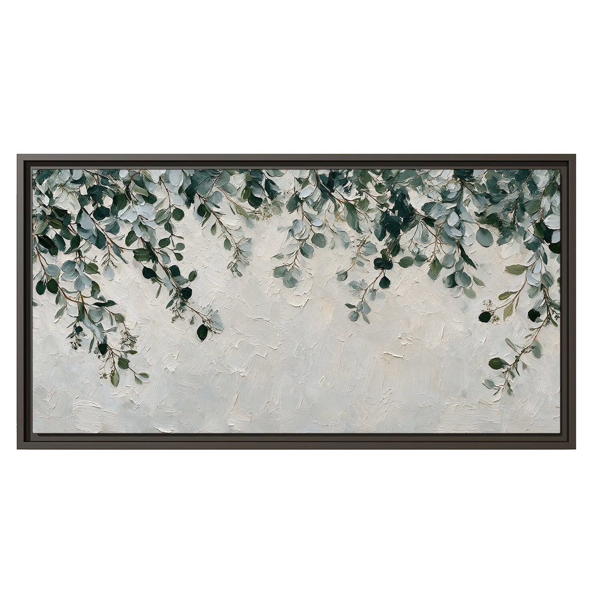 Soft green eucalyptus branches on a cream background single framed canvas wall art viewed straight on