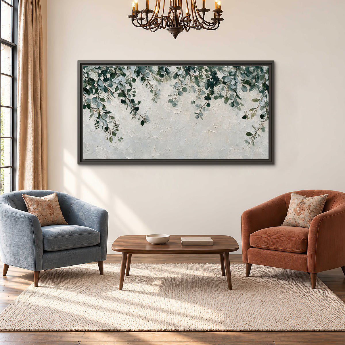Soft green eucalyptus branches on a cream background single framed canvas wall art styled in an interior