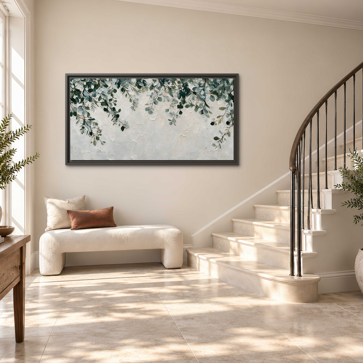 Soft green eucalyptus branches on a cream background single framed canvas wall art styled in an interior