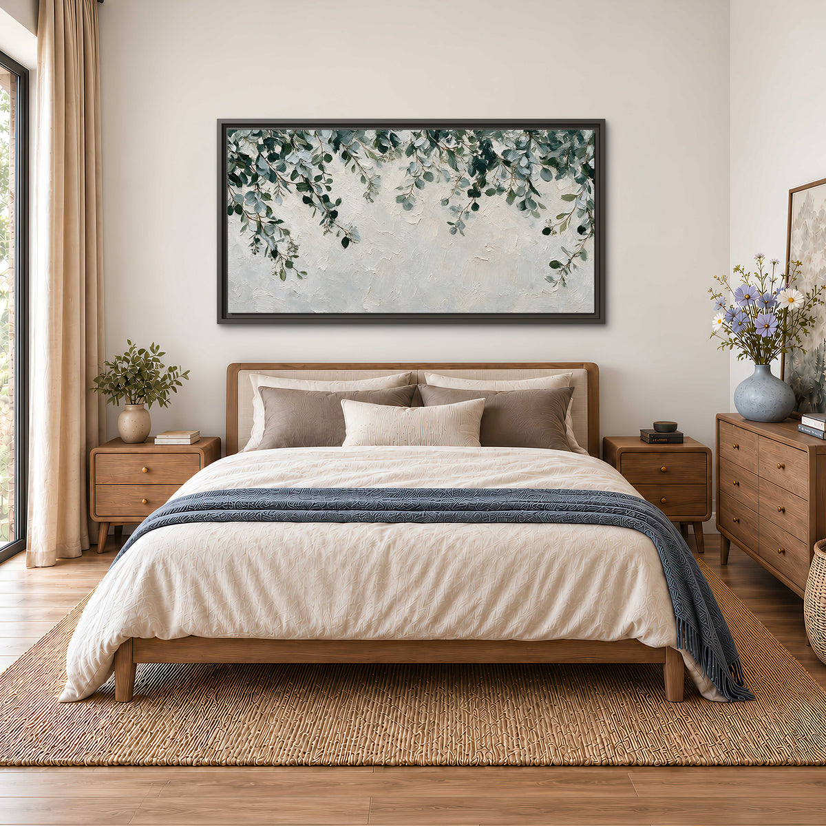 Soft green eucalyptus branches on a cream background single framed canvas wall art styled in an interior