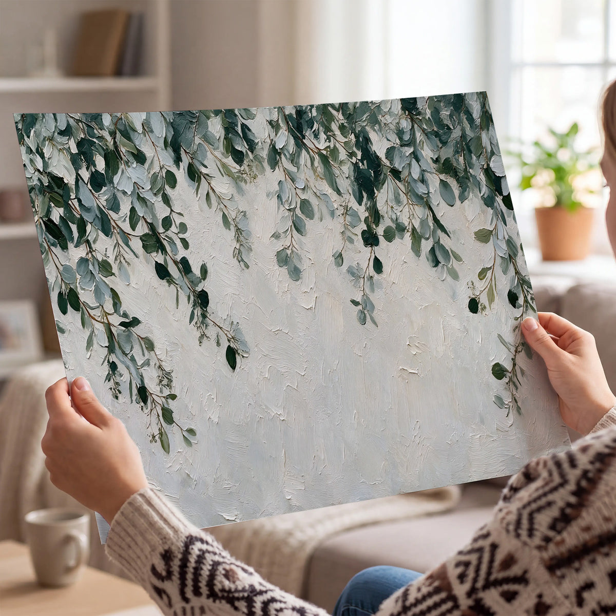 Soft green eucalyptus branches on a cream background single poster print held in hands