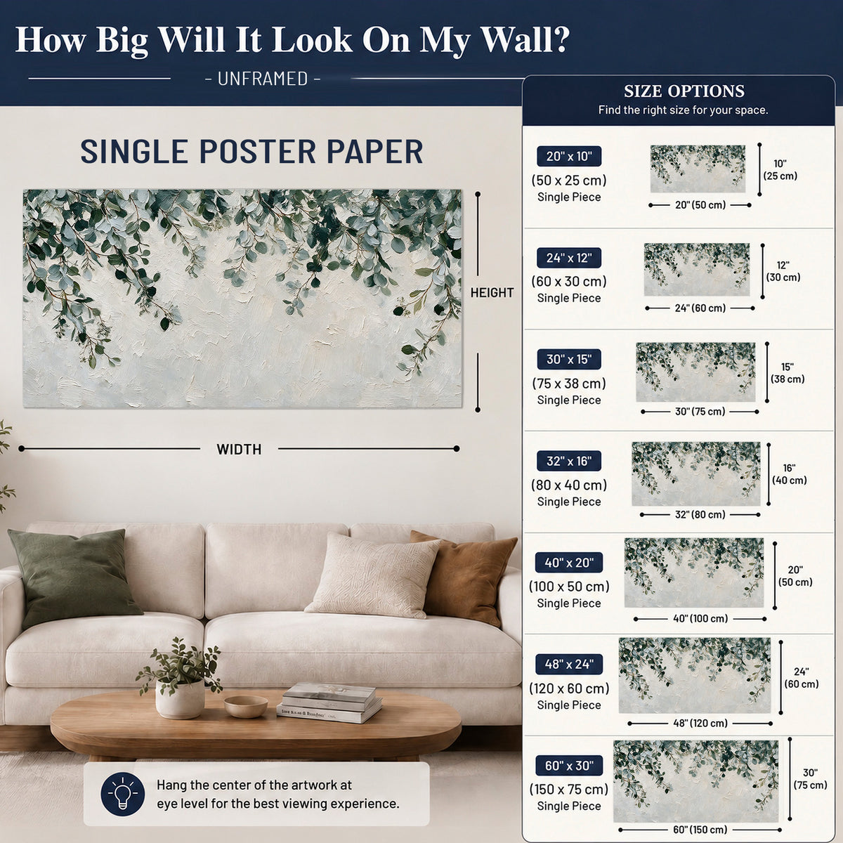 Soft green eucalyptus branches on a cream background single poster print size guide above a sofa; room view is illustrative