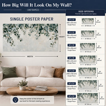 Soft green eucalyptus branches on a cream background single poster print size guide above a sofa; room view is illustrative