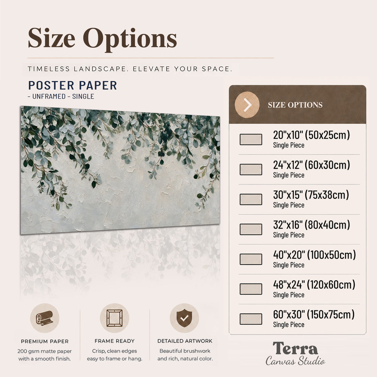 Soft green eucalyptus branches on a cream background single poster print available dimensions