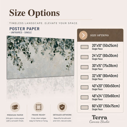 Soft green eucalyptus branches on a cream background single poster print available dimensions