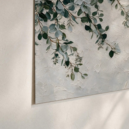 Soft green eucalyptus branches on a cream background set of 3 poster prints material and edge close up
