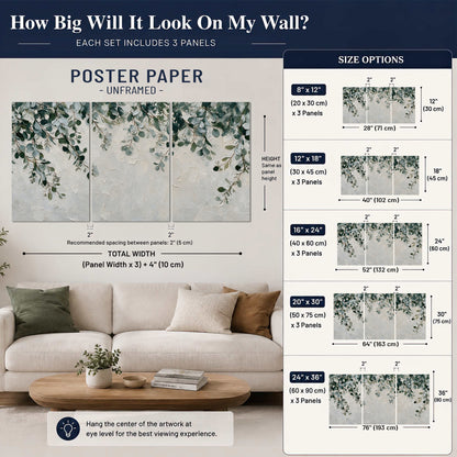 Soft green eucalyptus branches on a cream background set of 3 poster prints size guide above a sofa; room view is illustrative