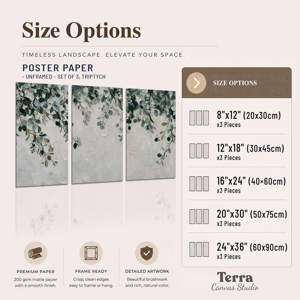 Soft green eucalyptus branches on a cream background set of 3 poster prints available dimensions; triptych dimensions are per panel
