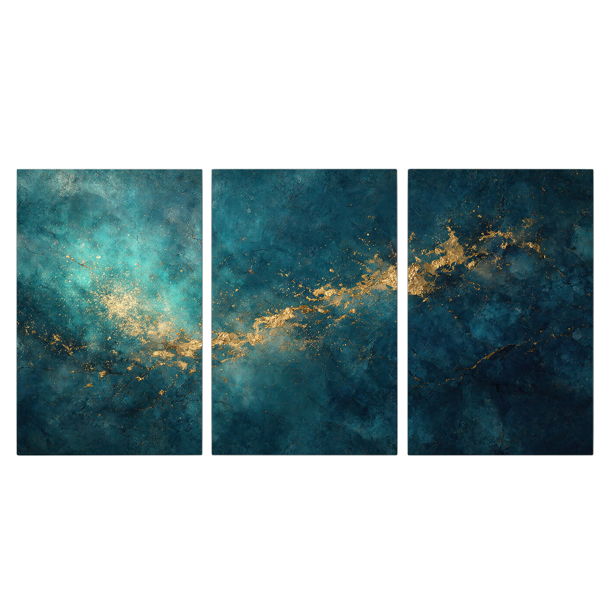 Deep teal clouds with sweeping gold-colored accents 3 piece canvas wall art viewed straight on