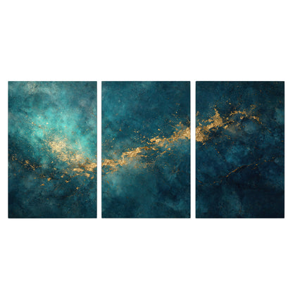 Deep teal clouds with sweeping gold-colored accents 3 piece canvas wall art viewed straight on