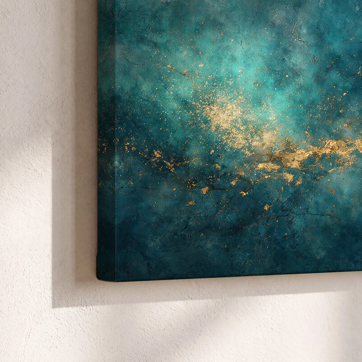 Deep teal clouds with sweeping gold-colored accents 3 piece canvas wall art material and edge close up