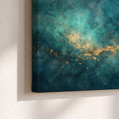 Deep teal clouds with sweeping gold-colored accents 3 piece canvas wall art material and edge close up