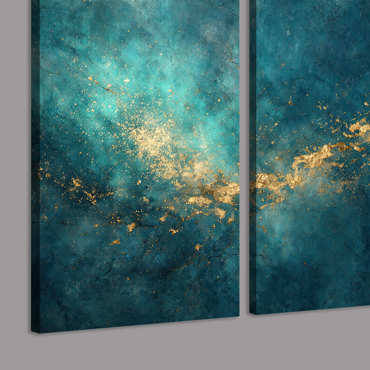 Deep teal clouds with sweeping gold-colored accents 3 piece canvas wall art room and product view