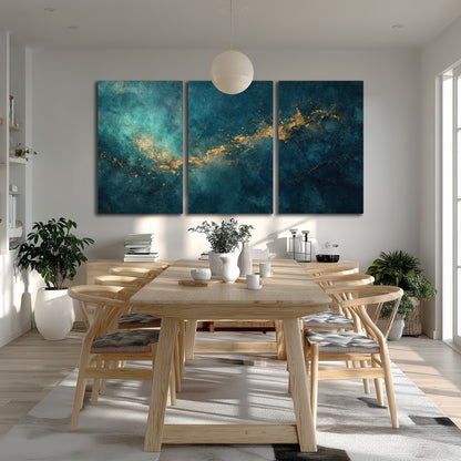 Deep teal clouds with sweeping gold-colored accents 3 piece canvas wall art room and product view