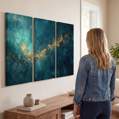 Deep teal clouds with sweeping gold-colored accents 3 piece canvas wall art three panel arrangement on a wall