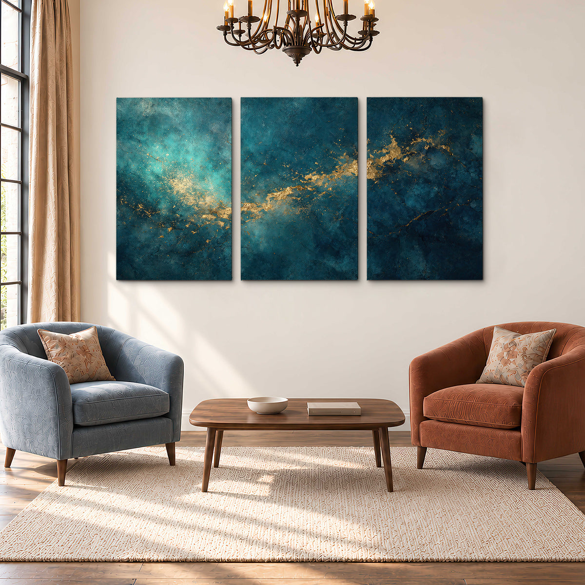 Deep teal clouds with sweeping gold-colored accents 3 piece canvas wall art styled in an interior