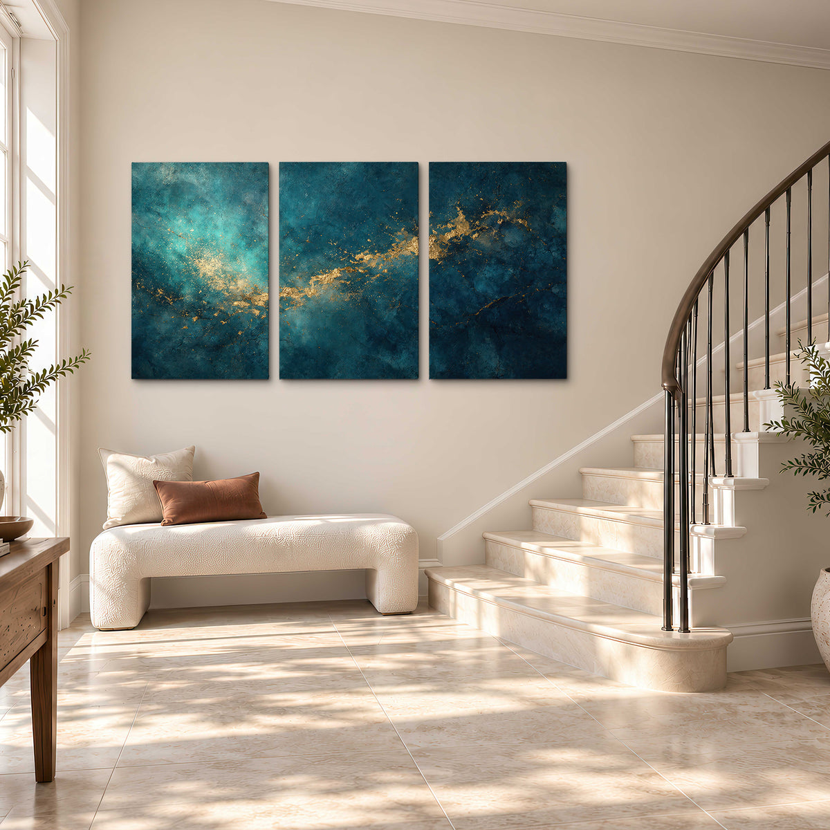 Deep teal clouds with sweeping gold-colored accents 3 piece canvas wall art styled in an interior