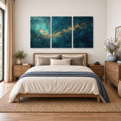 Deep teal clouds with sweeping gold-colored accents 3 piece canvas wall art styled in an interior