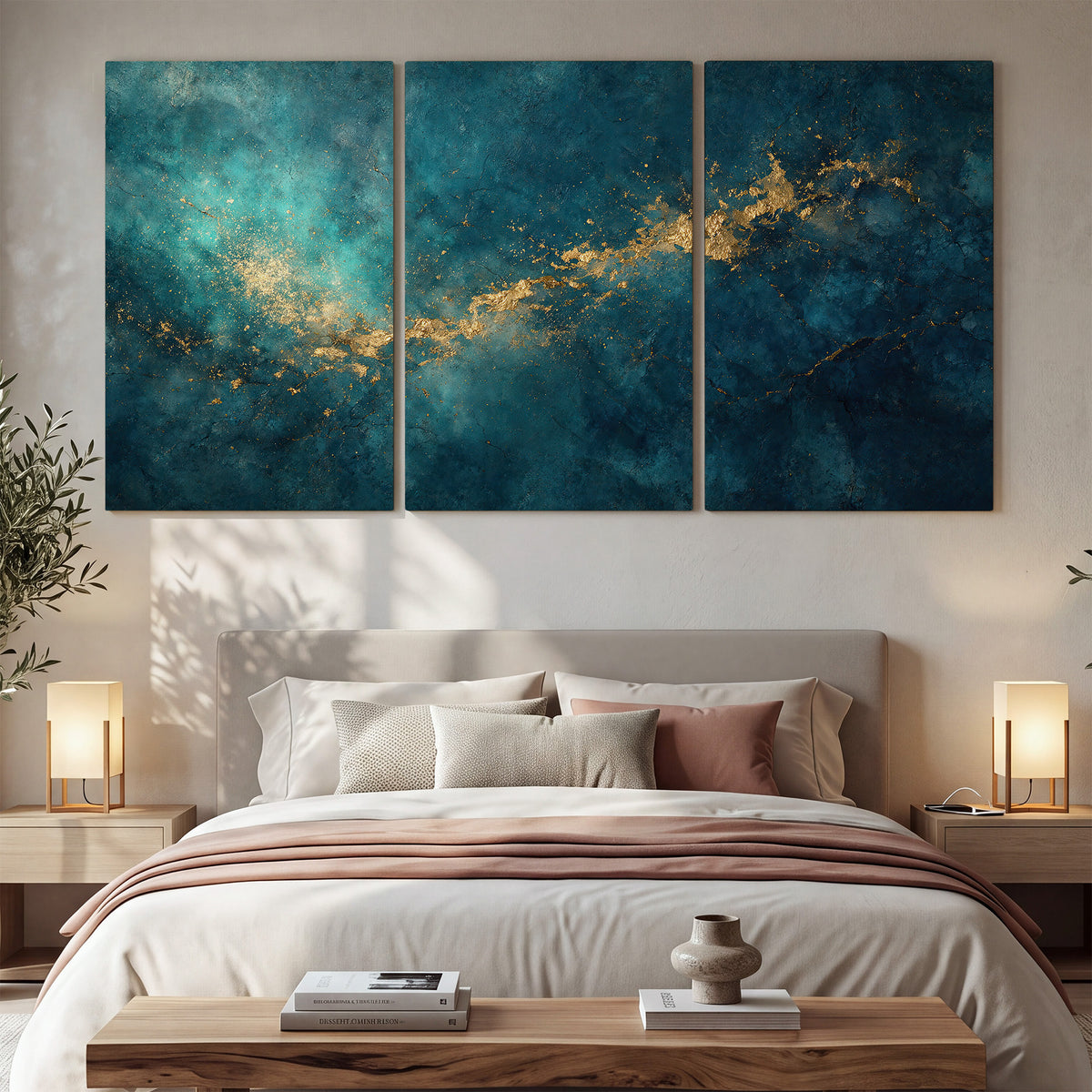 Deep teal clouds with sweeping gold-colored accents 3 piece canvas wall art displayed in a bedroom