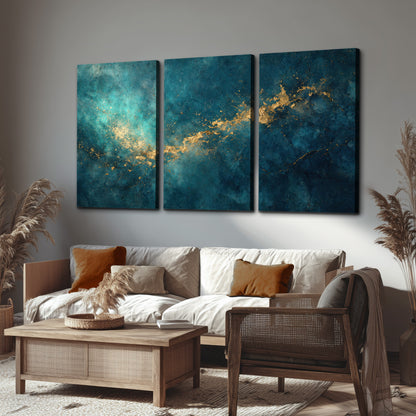 Deep teal clouds with sweeping gold-colored accents 3 piece canvas wall art displayed in a rustic living room