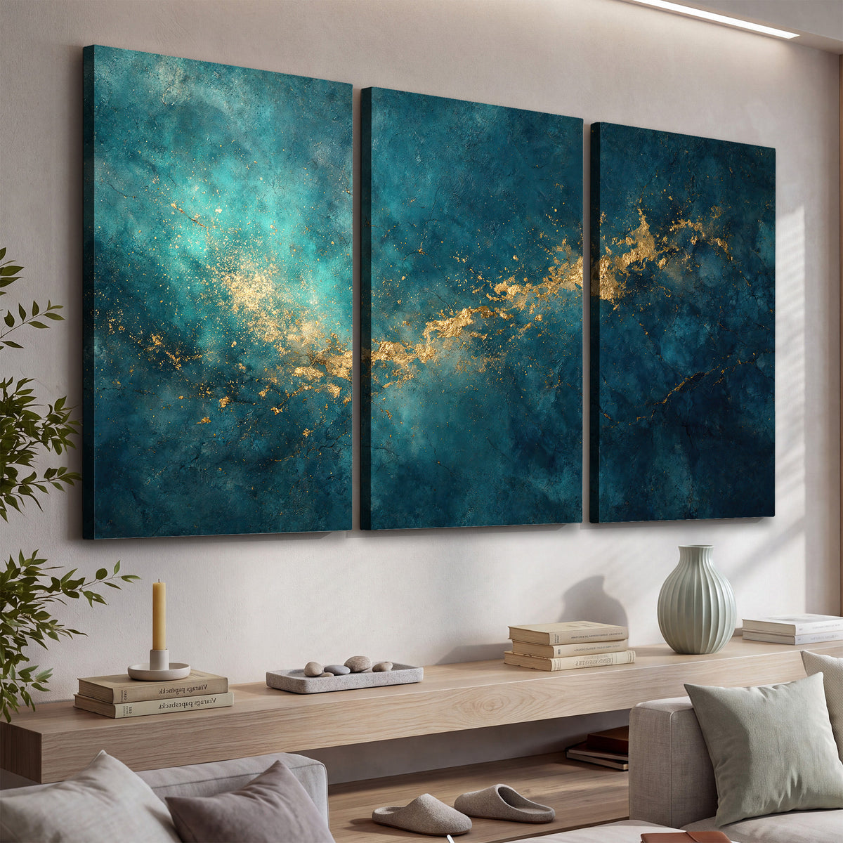 Deep teal clouds with sweeping gold-colored accents 3 piece canvas wall art displayed in a console