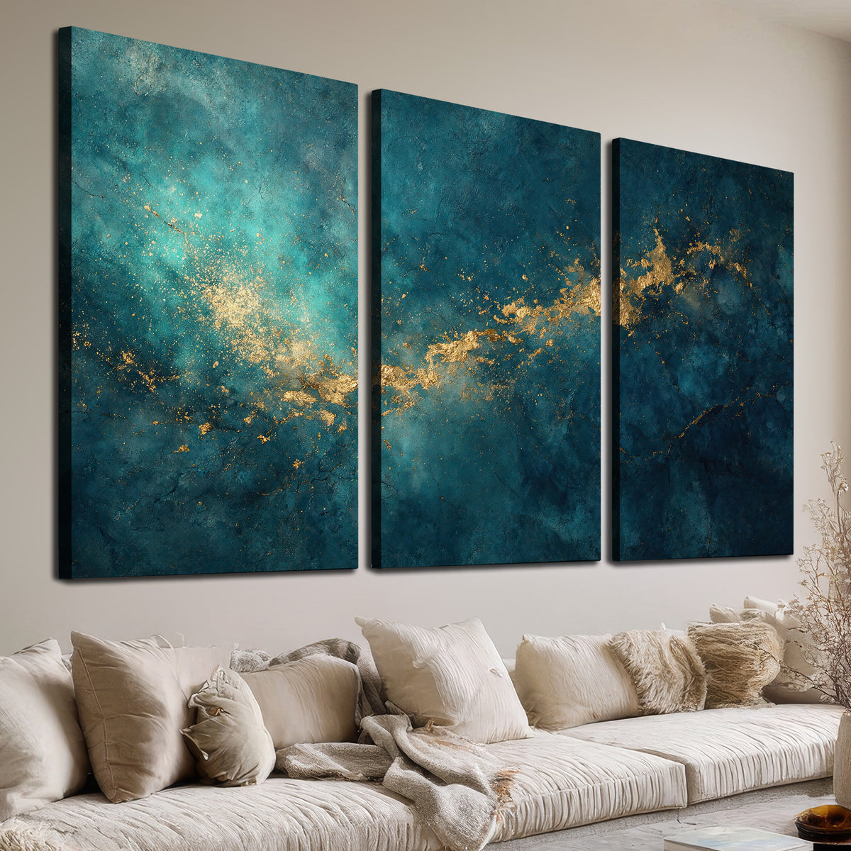 Deep teal clouds with sweeping gold-colored accents 3 piece canvas wall art room and product view