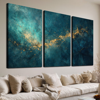 Deep teal clouds with sweeping gold-colored accents 3 piece canvas wall art room and product view