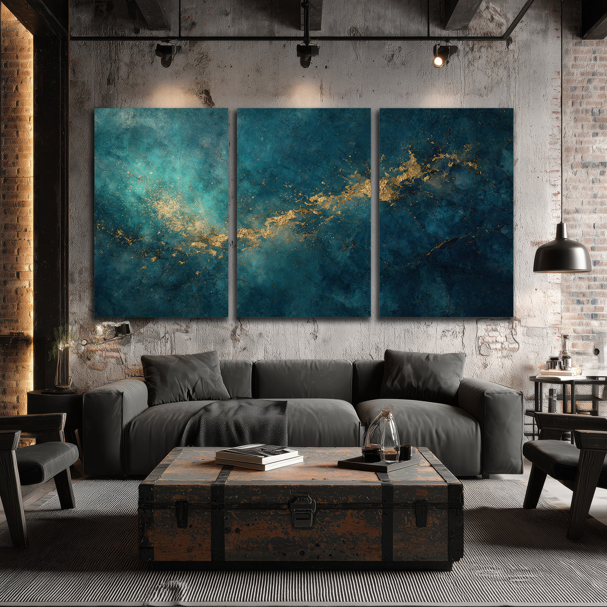 Deep teal clouds with sweeping gold-colored accents 3 piece canvas wall art displayed in a industrial room