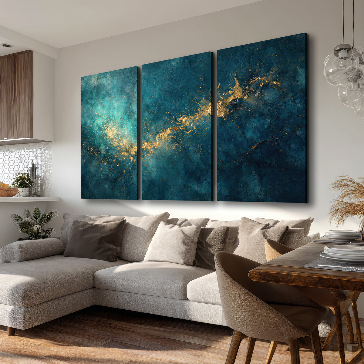 Deep teal clouds with sweeping gold-colored accents 3 piece canvas wall art room and product view