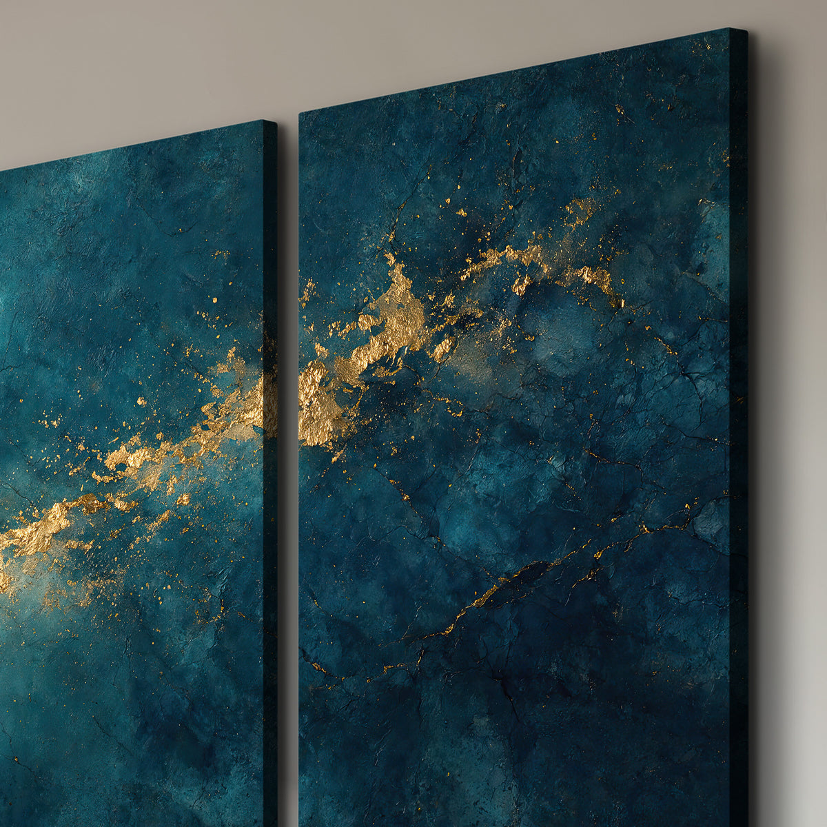 Deep teal clouds with sweeping gold-colored accents 3 piece canvas wall art room and product view