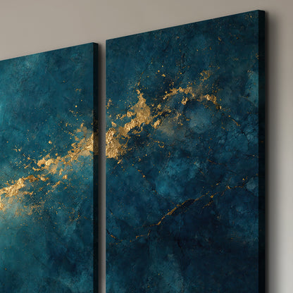 Deep teal clouds with sweeping gold-colored accents 3 piece canvas wall art room and product view