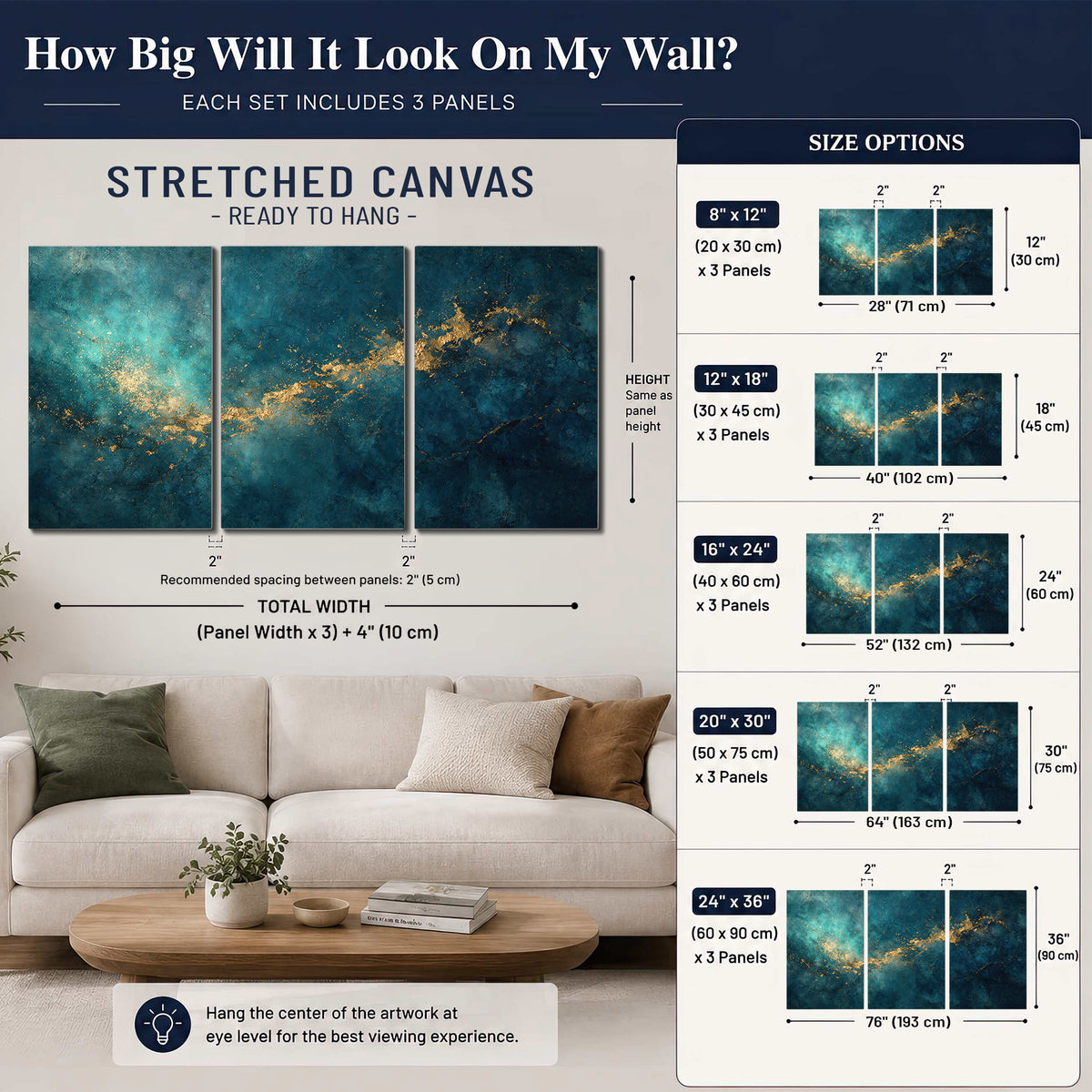 Deep teal clouds with sweeping gold-colored accents 3 piece canvas wall art size guide above a sofa; room view is illustrative