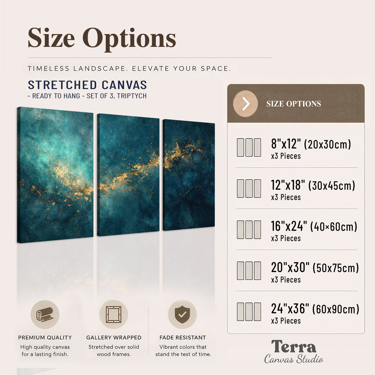 Deep teal clouds with sweeping gold-colored accents 3 piece canvas wall art available dimensions; triptych dimensions are per panel