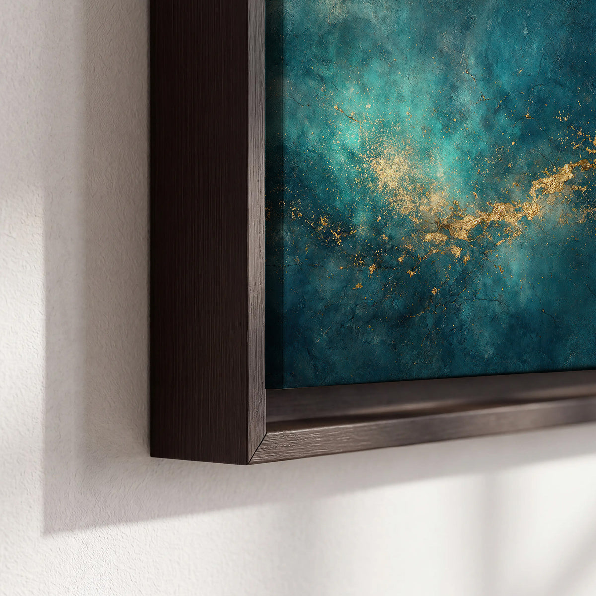 Deep teal clouds with sweeping gold-colored accents 3 piece framed canvas wall art material and edge close up