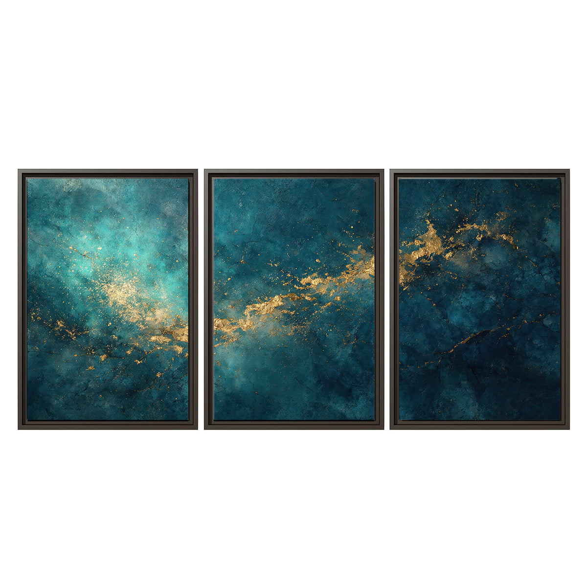 Deep teal clouds with sweeping gold-colored accents 3 piece framed canvas wall art viewed straight on