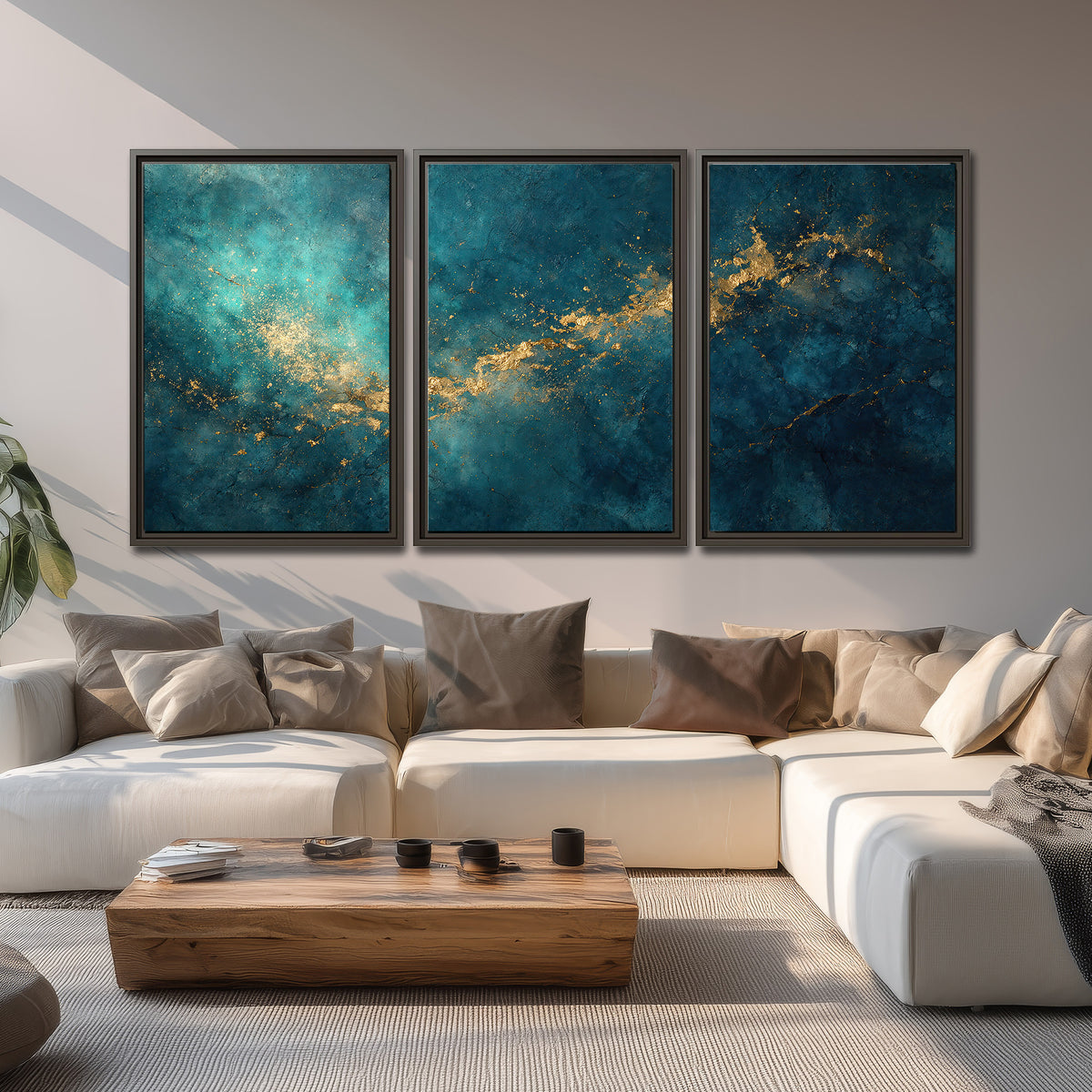 Deep teal clouds with sweeping gold-colored accents 3 piece framed canvas wall art displayed in a living room