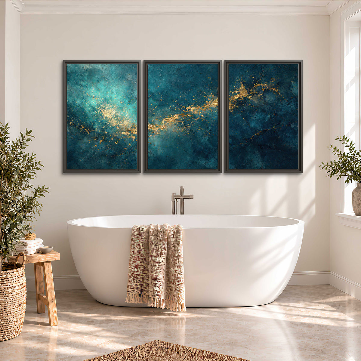 Deep teal clouds with sweeping gold-colored accents 3 piece framed canvas wall art styled in an interior