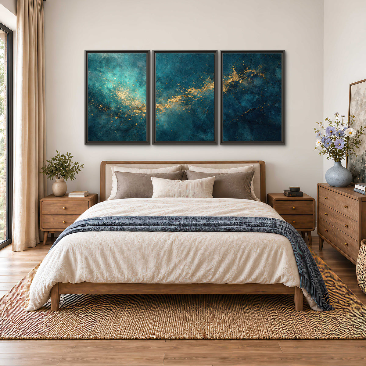 Deep teal clouds with sweeping gold-colored accents 3 piece framed canvas wall art styled in an interior