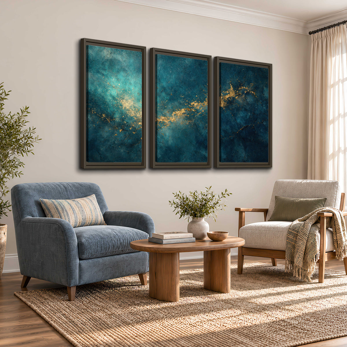 Deep teal clouds with sweeping gold-colored accents 3 piece framed canvas wall art styled in an interior