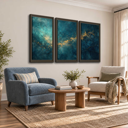Deep teal clouds with sweeping gold-colored accents 3 piece framed canvas wall art styled in an interior