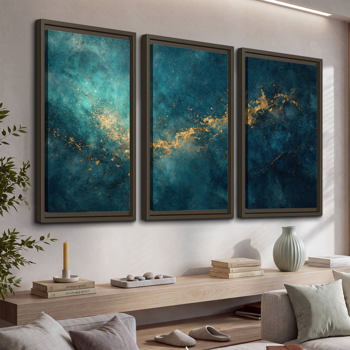 Deep teal clouds with sweeping gold-colored accents 3 piece framed canvas wall art displayed in a console