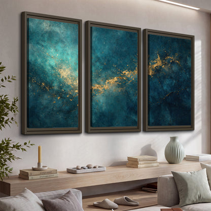 Deep teal clouds with sweeping gold-colored accents 3 piece framed canvas wall art displayed in a console