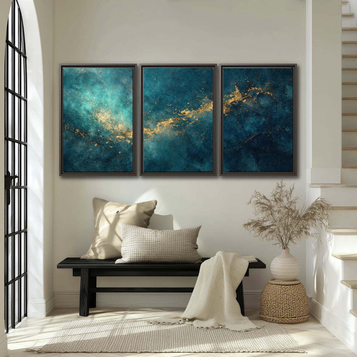 Deep teal clouds with sweeping gold-colored accents 3 piece framed canvas wall art displayed in a entryway