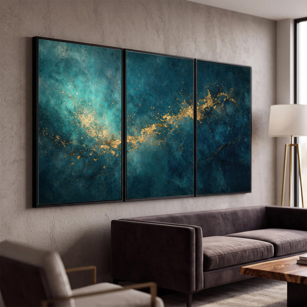 Deep teal clouds with sweeping gold-colored accents 3 piece framed canvas wall art displayed in a modern living room