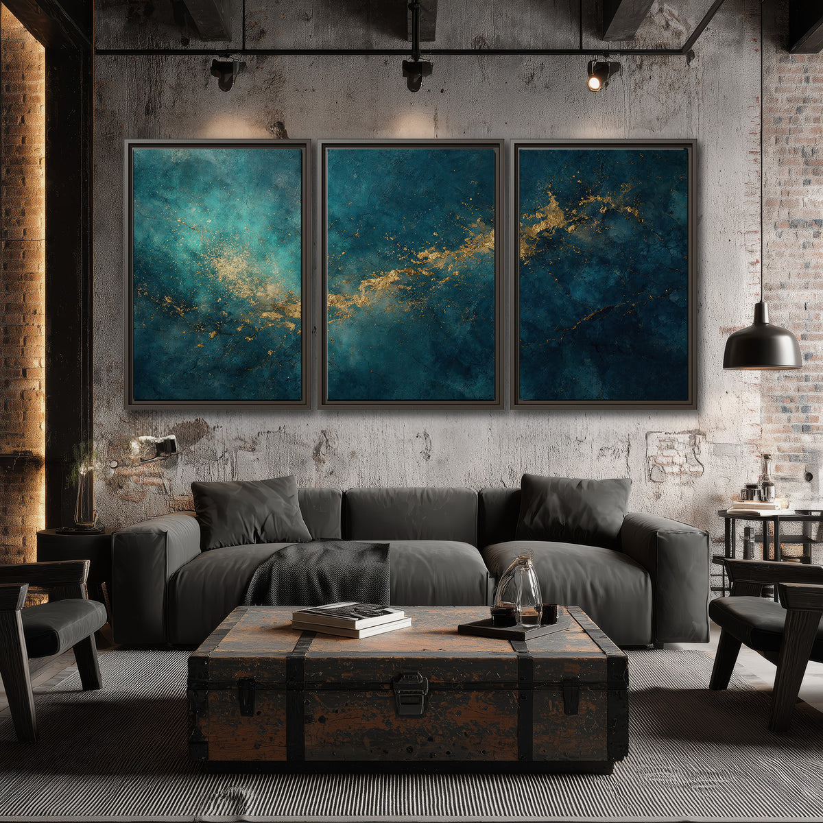 Deep teal clouds with sweeping gold-colored accents 3 piece framed canvas wall art displayed in a industrial room